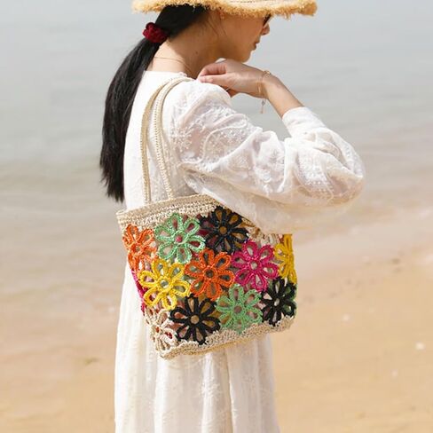 Beach Bag for Women, Colorful Flowers Openwork Pattern Straw Bag, Handwoven Rattan Handbag Suitable for Travel Vacation Work Daily Matching in Kuwait