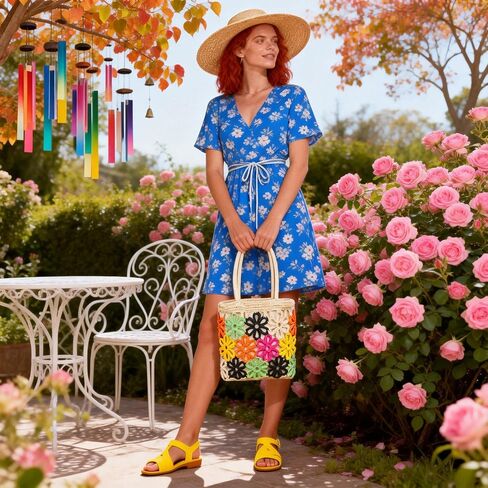 Beach Bag for Women, Colorful Flowers Openwork Pattern Straw Bag, Handwoven Rattan Handbag Suitable for Travel Vacation Work Daily Matching in Kuwait