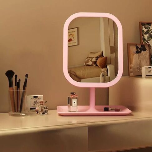 Lighted Makeup Mirror, Rechargeable 360° Rotating Makeup Mirror with Adjustable Brightness & 3 Color Modes, HD Desktop Cosmetic Mirror with Memory Function(Pink) in Saudi Arabia