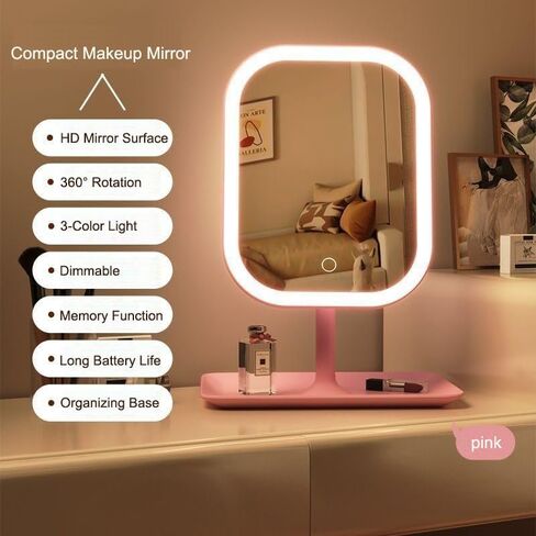 Lighted Makeup Mirror, Rechargeable 360° Rotating Makeup Mirror with Adjustable Brightness & 3 Color Modes, HD Desktop Cosmetic Mirror with Memory Function(Pink) in Saudi Arabia