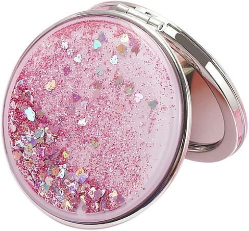 AKOAK 1 Pack Compact Mirror, Portable Quicksand Pocket Travel Makeup Mirror, Folding Hand-held Double Sided 1x/2x Magnifying Glass, Great Gift for Women and Girls (Pink) in Kuwait