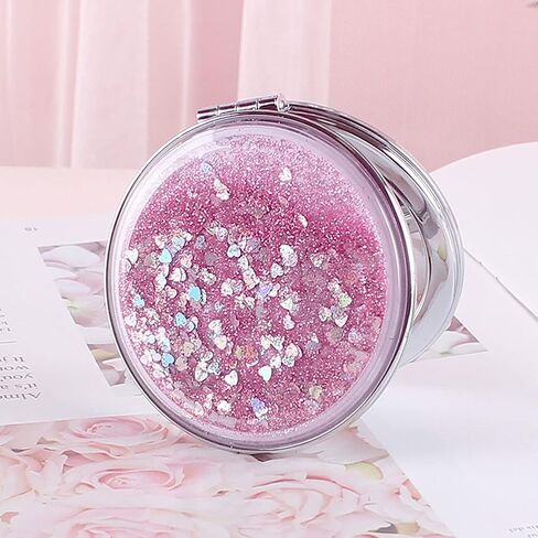 AKOAK 1 Pack Compact Mirror, Portable Quicksand Pocket Travel Makeup Mirror, Folding Hand-held Double Sided 1x/2x Magnifying Glass, Great Gift for Women and Girls (Pink) in Kuwait