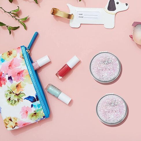 AKOAK 1 Pack Compact Mirror, Portable Quicksand Pocket Travel Makeup Mirror, Folding Hand-held Double Sided 1x/2x Magnifying Glass, Great Gift for Women and Girls (Pink) in Kuwait