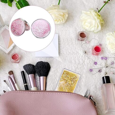 AKOAK 1 Pack Compact Mirror, Portable Quicksand Pocket Travel Makeup Mirror, Folding Hand-held Double Sided 1x/2x Magnifying Glass, Great Gift for Women and Girls (Pink) in Kuwait