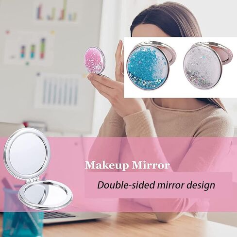 AKOAK 1 Pack Compact Mirror, Portable Quicksand Pocket Travel Makeup Mirror, Folding Hand-held Double Sided 1x/2x Magnifying Glass, Great Gift for Women and Girls (Pink) in Kuwait