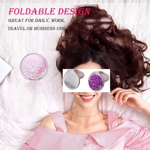 AKOAK 1 Pack Compact Mirror, Portable Quicksand Pocket Travel Makeup Mirror, Folding Hand-held Double Sided 1x/2x Magnifying Glass, Great Gift for Women and Girls (Pink) in Kuwait