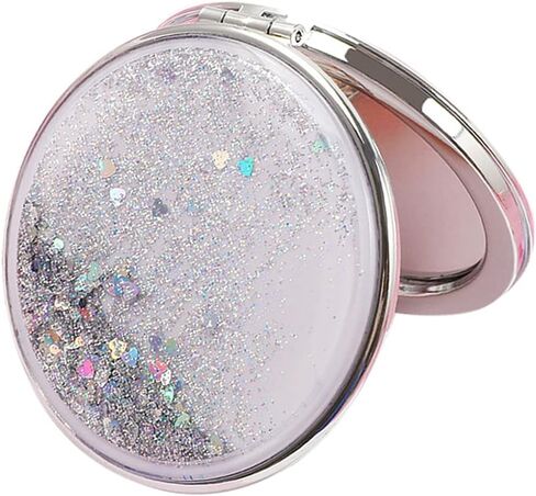 AKOAK 1 Pack Compact Mirror, Portable Quicksand Pocket Travel Makeup Mirror, Folding Hand-held Double Sided 1x/2x Magnifying Glass, Great Gift for Women and Girls (Pink) in Kuwait