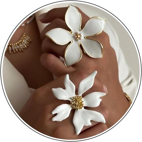 2Pcs Big Flower Rings for Women Elegant Trendy Exaggerated Large Flower Rings Dainty White Enamel Statement Rings Pearl Adjustable Open Stackable Rings Fashion Christmas Birthday Jewelry Gift in Saudi Arabia