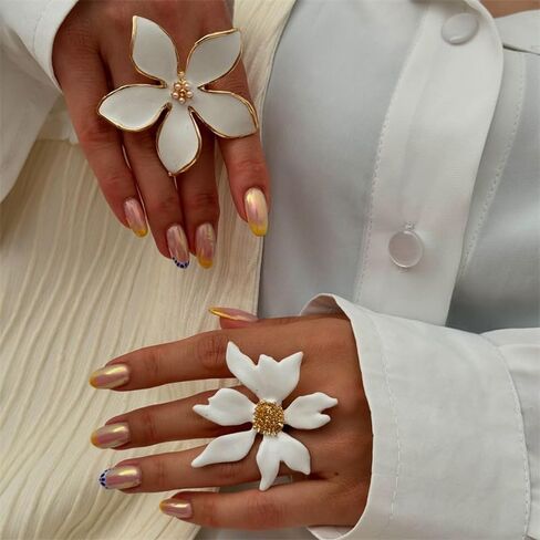 2Pcs Big Flower Rings for Women Elegant Trendy Exaggerated Large Flower Rings Dainty White Enamel Statement Rings Pearl Adjustable Open Stackable Rings Fashion Christmas Birthday Jewelry Gift in Saudi Arabia