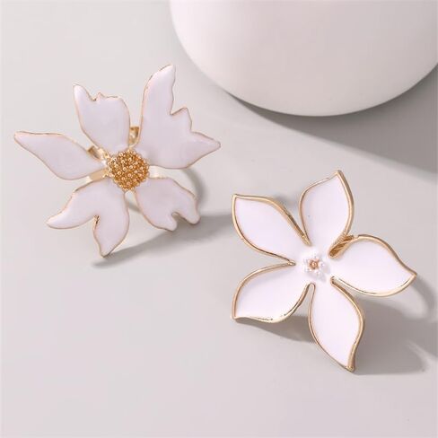 2Pcs Big Flower Rings for Women Elegant Trendy Exaggerated Large Flower Rings Dainty White Enamel Statement Rings Pearl Adjustable Open Stackable Rings Fashion Christmas Birthday Jewelry Gift in Saudi Arabia