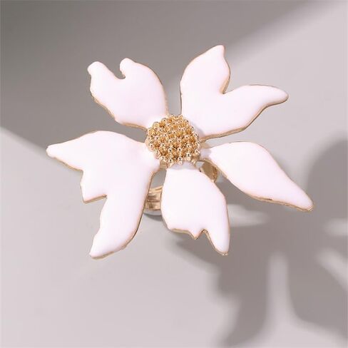 2Pcs Big Flower Rings for Women Elegant Trendy Exaggerated Large Flower Rings Dainty White Enamel Statement Rings Pearl Adjustable Open Stackable Rings Fashion Christmas Birthday Jewelry Gift in Saudi Arabia