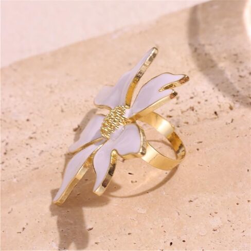 2Pcs Big Flower Rings for Women Elegant Trendy Exaggerated Large Flower Rings Dainty White Enamel Statement Rings Pearl Adjustable Open Stackable Rings Fashion Christmas Birthday Jewelry Gift in Saudi Arabia