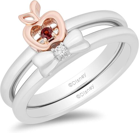 Jewelili Enchanted Disney Fine Jewelry Sterling Silver and 10K Rose Gold with Red Garnet and Diamond Accent Snow White Duo Ring in Kuwait