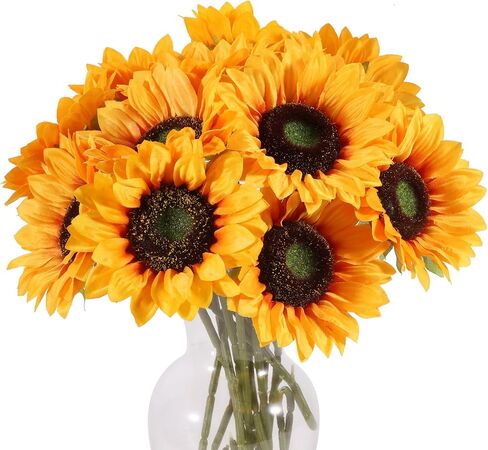 LFF 5.5" Large Headed Artificial Sunflowers, 12Pcs Realistic Silk Fake Sunflowers, Faux Yellow Flowers for Vase Home Wedding Bridal Bouquet Baby Shower Centerpieces Party Decor DIY Floral Crafts in Saudi Arabia
