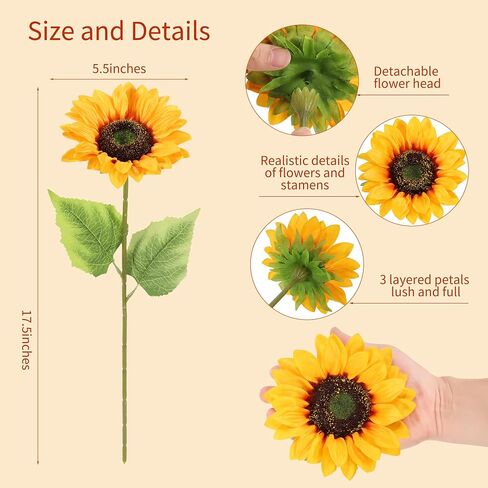 LFF 5.5" Large Headed Artificial Sunflowers, 12Pcs Realistic Silk Fake Sunflowers, Faux Yellow Flowers for Vase Home Wedding Bridal Bouquet Baby Shower Centerpieces Party Decor DIY Floral Crafts in Saudi Arabia