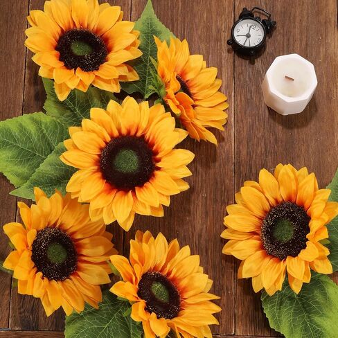 LFF 5.5" Large Headed Artificial Sunflowers, 12Pcs Realistic Silk Fake Sunflowers, Faux Yellow Flowers for Vase Home Wedding Bridal Bouquet Baby Shower Centerpieces Party Decor DIY Floral Crafts in Saudi Arabia