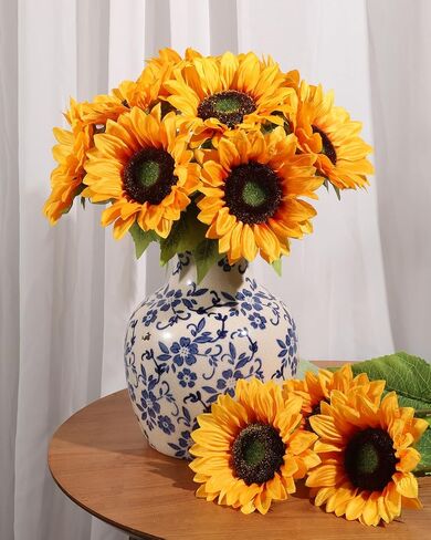 LFF 5.5" Large Headed Artificial Sunflowers, 12Pcs Realistic Silk Fake Sunflowers, Faux Yellow Flowers for Vase Home Wedding Bridal Bouquet Baby Shower Centerpieces Party Decor DIY Floral Crafts in Saudi Arabia