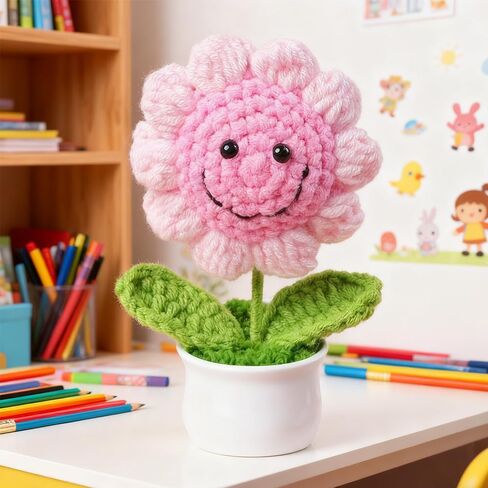 Crochet Flowers Potted Plants, Handmade Crochet Sunflower Pot Decor, Puff Small Potted Flowers, Ideal for Home Desks, Balcony, Room and Gift Giving (Pink Sunflower) in Kuwait