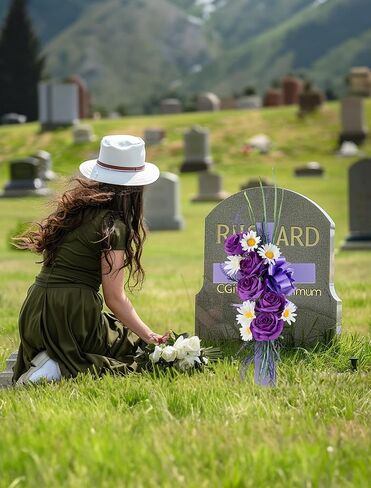 Cross for Cemetery Grave with Flowers: Outdoor Easter Grave Decorations for Cemetery - Purple Roses Artificial Flowers Memorial Wooden Cross for Gravesites in Saudi Arabia
