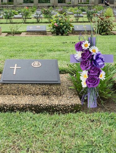 Cross for Cemetery Grave with Flowers: Outdoor Easter Grave Decorations for Cemetery - Purple Roses Artificial Flowers Memorial Wooden Cross for Gravesites in Saudi Arabia