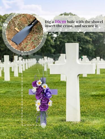 Cross for Cemetery Grave with Flowers: Outdoor Easter Grave Decorations for Cemetery - Purple Roses Artificial Flowers Memorial Wooden Cross for Gravesites in Saudi Arabia