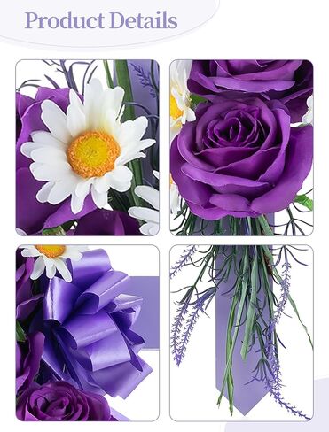 Cross for Cemetery Grave with Flowers: Outdoor Easter Grave Decorations for Cemetery - Purple Roses Artificial Flowers Memorial Wooden Cross for Gravesites in Saudi Arabia