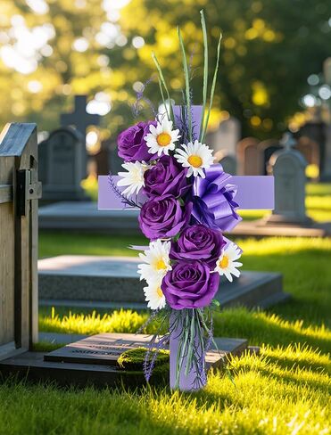 Cross for Cemetery Grave with Flowers: Outdoor Easter Grave Decorations for Cemetery - Purple Roses Artificial Flowers Memorial Wooden Cross for Gravesites in Saudi Arabia