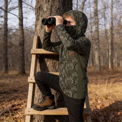 Youth Hunting Hoodie with Face Cover, Boys Camo Long Sleeve Shirt UPF 50+ Quick Dry for Deer Turkey Hunting in Kuwait
