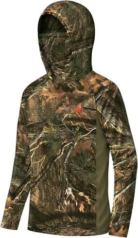 Youth Hunting Hoodie with Face Cover, Boys Camo Long Sleeve Shirt UPF 50+ Quick Dry for Deer Turkey Hunting in Kuwait
