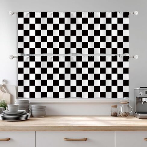 Riyidecor 2 Pack Retro Checkered Window Valance for Bedroom Living Room, Abstract Black White Vintage Checkered Modern Curtains Valanes for Windows,Rod Pocket Window Treatment 52 x 18 Inch, 2 Panel in Kuwait