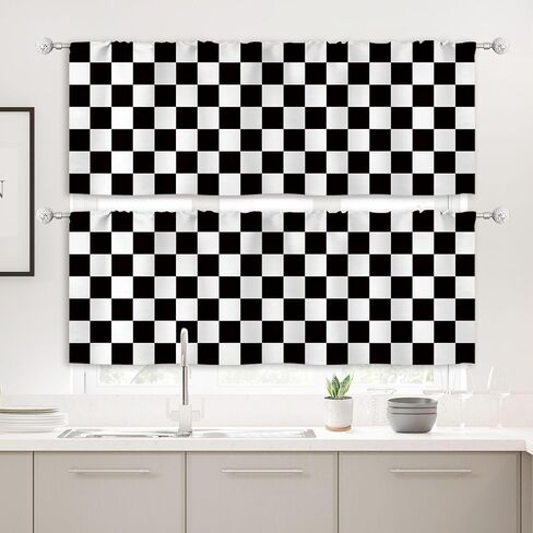 Riyidecor 2 Pack Retro Checkered Window Valance for Bedroom Living Room, Abstract Black White Vintage Checkered Modern Curtains Valanes for Windows,Rod Pocket Window Treatment 52 x 18 Inch, 2 Panel in Kuwait