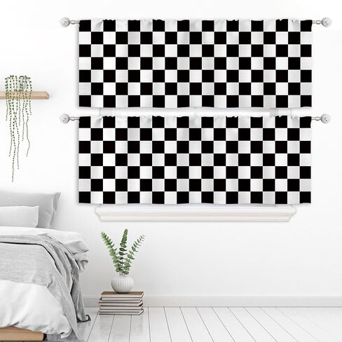 Riyidecor 2 Pack Retro Checkered Window Valance for Bedroom Living Room, Abstract Black White Vintage Checkered Modern Curtains Valanes for Windows,Rod Pocket Window Treatment 52 x 18 Inch, 2 Panel in Kuwait