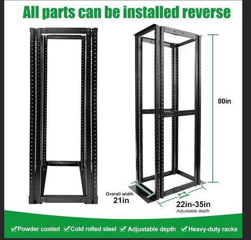 GlobalRack 4-Post 42U Open Frame Server Rack/19in Server Network Rack Depth 24-35inch مناسب للكمبيوتر/الصوت/معدات البيانات/معدات تكنولوجيا المعلومات/الرف الثقيل الصلب المفة البارد (4Post Rack-042) in Kuwait