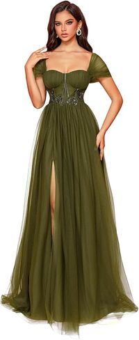 Backless Evening Gown with Lace & Embroidered Sequin Waist, Semi Sheer Mesh Slit A-Line Maxi Dress for Party, Prom in Saudi Arabia