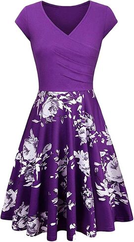 OMZIN Women's Summer 1950s Vintage Dress Wrap V Neck Cap Sleeve Dress Cocktail Swing Dress A-Line Flared Midi Dress in Saudi Arabia