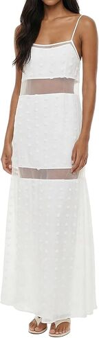Lizxun Women Long Dress Solid Color See Through Splicing A Line Spaghetti Strap Dress in Saudi Arabia