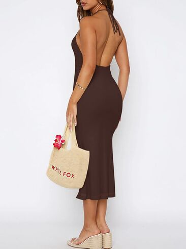 Womens Sexy Halter Neck Mesh Midi Cocktail Dresses Backless Bodycon Party Club Beach Long Dress in Kuwait
