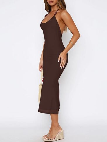 Womens Sexy Halter Neck Mesh Midi Cocktail Dresses Backless Bodycon Party Club Beach Long Dress in Kuwait