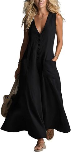Women's Sleeveless Maxi Tank Dress Button Down Deep V Neck Sundress Casual Flowy Tunic Beach Dresses in Saudi Arabia