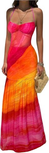 OYOANGLE Women's Floral Sleeveless Halter Maxi Dress Tie Backless Ruched Boho Beach Wedding Guest Dress in Saudi Arabia