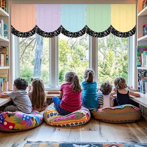 JarThenaAMCS 6Pcs Back to School Pastel Classroom Curtains Black Composition Scalloped Window Treatments for Kindergarten Daycare Primary Bedroom Playroom Decor in Kuwait