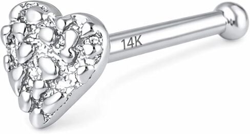 Nugget 14K White Gold Nose Stud 22 Gauge with 3mm Heart Shape white gold Post length 7mm Bone End No Screw Simply Put on the Nose Piercing. in Kuwait