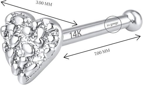 Nugget 14K White Gold Nose Stud 22 Gauge with 3mm Heart Shape white gold Post length 7mm Bone End No Screw Simply Put on the Nose Piercing. in Kuwait