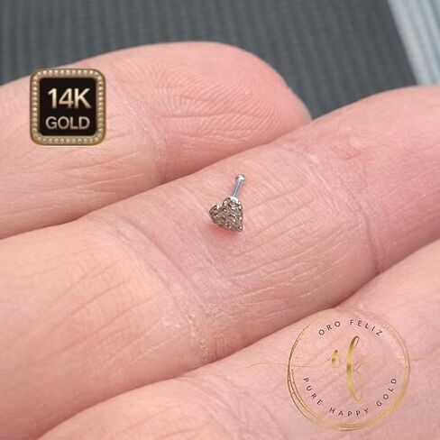 Nugget 14K White Gold Nose Stud 22 Gauge with 3mm Heart Shape white gold Post length 7mm Bone End No Screw Simply Put on the Nose Piercing. in Kuwait