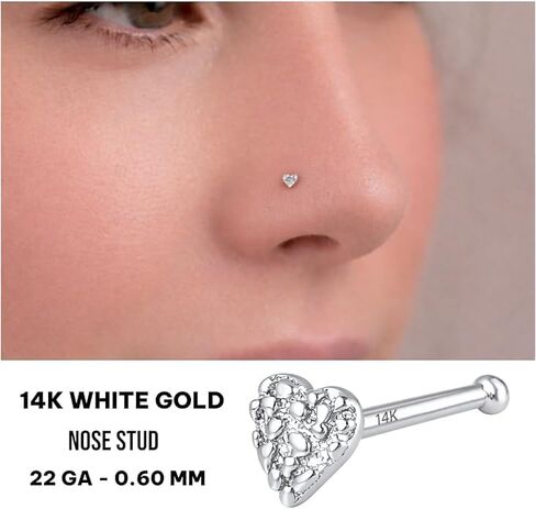 Nugget 14K White Gold Nose Stud 22 Gauge with 3mm Heart Shape white gold Post length 7mm Bone End No Screw Simply Put on the Nose Piercing. in Kuwait