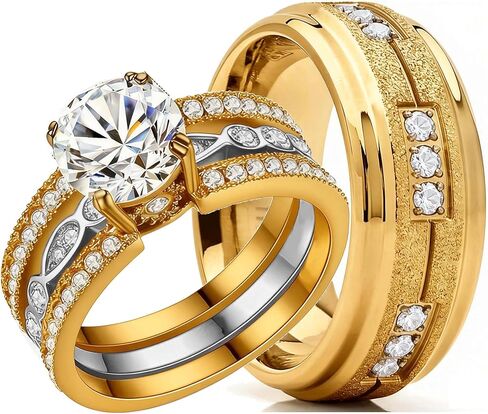 Couple Rings Matching Rings Yellow Gold Plated 1.5CT AAA CZ 2pcs Women Wedding Ring Sets for Him and Her Rings Men Band in Saudi Arabia