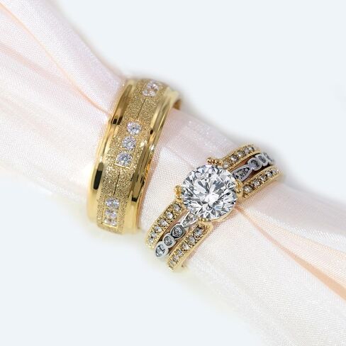 Couple Rings Matching Rings Yellow Gold Plated 1.5CT AAA CZ 2pcs Women Wedding Ring Sets for Him and Her Rings Men Band in Saudi Arabia