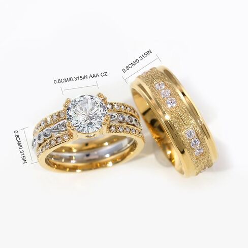 Couple Rings Matching Rings Yellow Gold Plated 1.5CT AAA CZ 2pcs Women Wedding Ring Sets for Him and Her Rings Men Band in Saudi Arabia