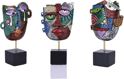 Picasso Style Abstract Face Mask Statue Set of 3, Colorful Modern Decor Table Sculpture, Unique Home Decor Accents, Funky Art Deco Shelf Decor for Coffee Table, TV Stand Accessories, Entryway, Office in Saudi Arabia