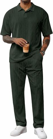 JMIERR Mens Two Piece Outfits Short Sleeve Polo Shirts & Loose Pants Sets Casual Summer Textured Suits in Kuwait